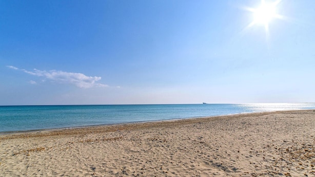 Une plage avec un ciel dégagé et une eau calme.
