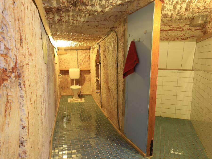 A narrow hallway with a tiled floor, a toilet, and a blue door.