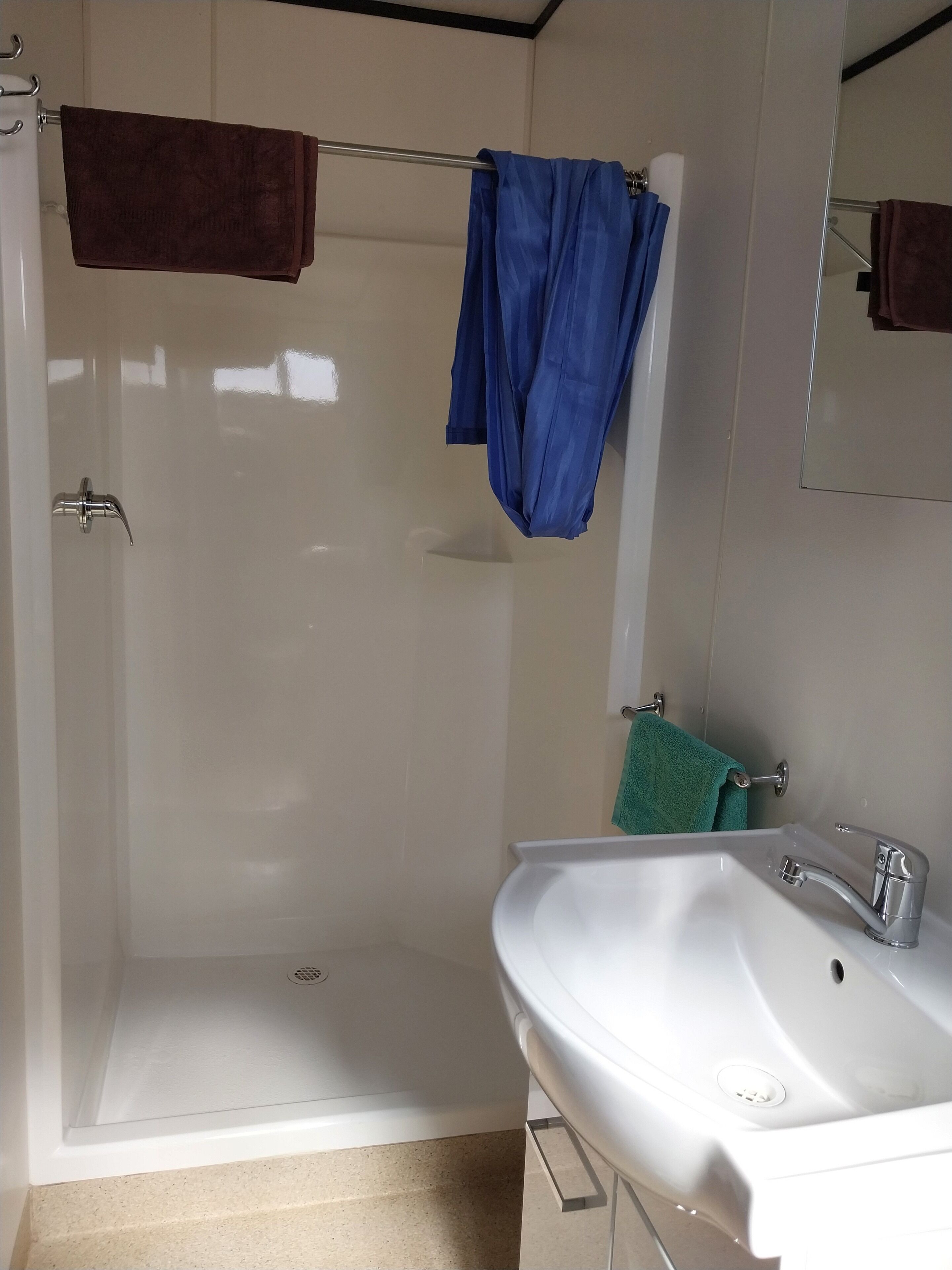 A bathroom with a shower, a sink, and a mirror.