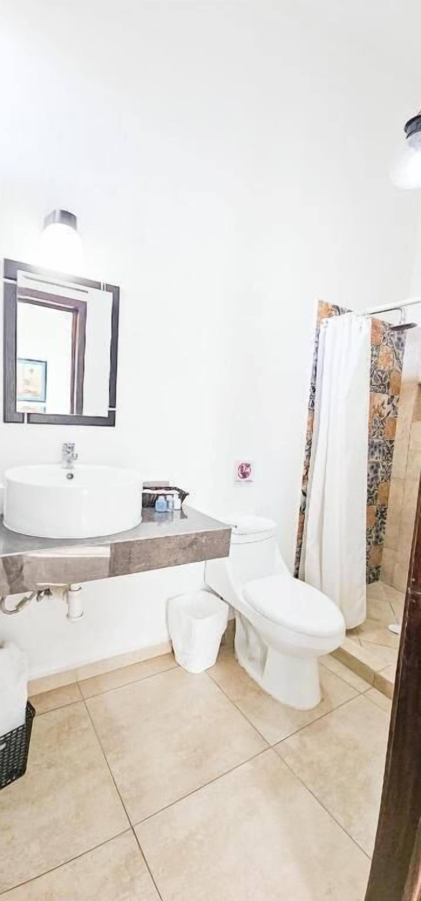 A bathroom with a sink, mirror, toilet, and shower curtain.