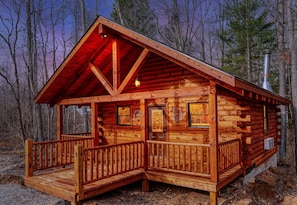 A log cabin with a porch, a chimney, and a door with a window.
