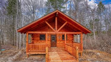 A wooden cabin with a front porch, a central door, and a chimney.