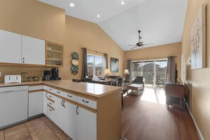 Dishwasher, coffee/tea maker, cookware/dishes/utensils