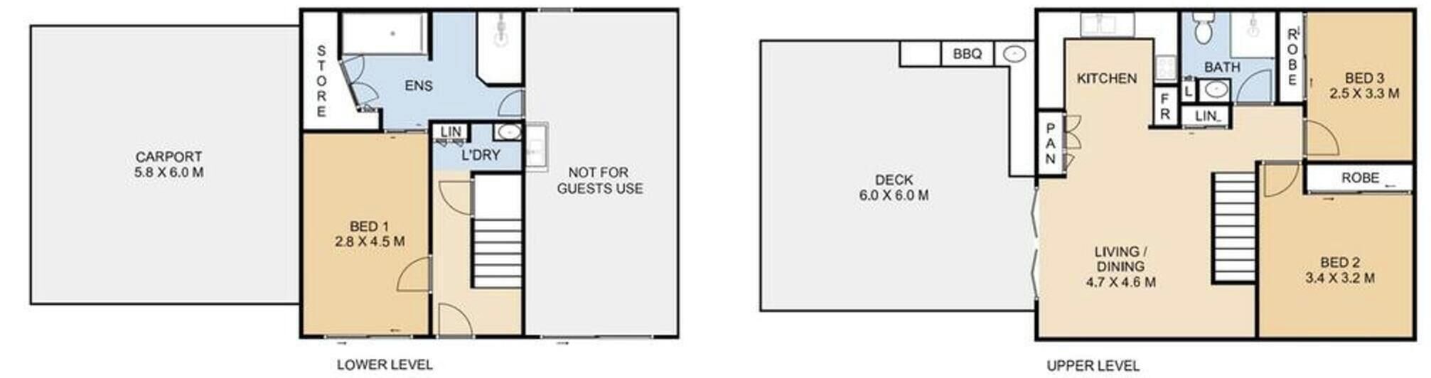 Zwei Grundrisse eines Hotels inklusive Carport, Geschäft, separatem Sanitärbereich und einer Terrasse.