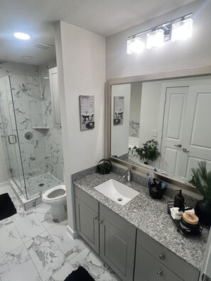 Un bany amb dutxa de vidre, un vàter blanc, un lavabo amb mirall i una planta en maceta al taulell.