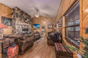 Smart TV, chimenea, reproductor de DVD y estéreo 