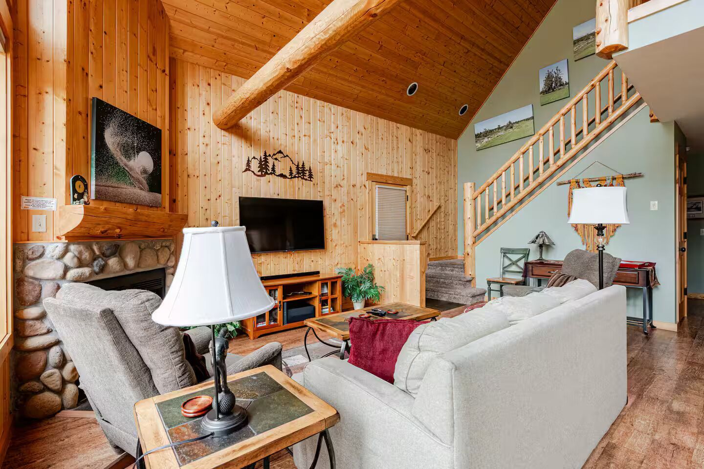 Smart TV, fireplace, DVD player, foosball