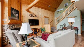Smart TV, fireplace, DVD player, foosball