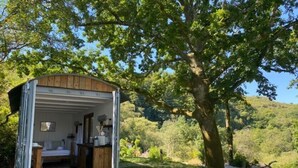 A small, open-sided wooden structure with a bed and a small table, surrounded by lush greenery and trees. - Trethowels Grey Hidden hut (Saint Austell)