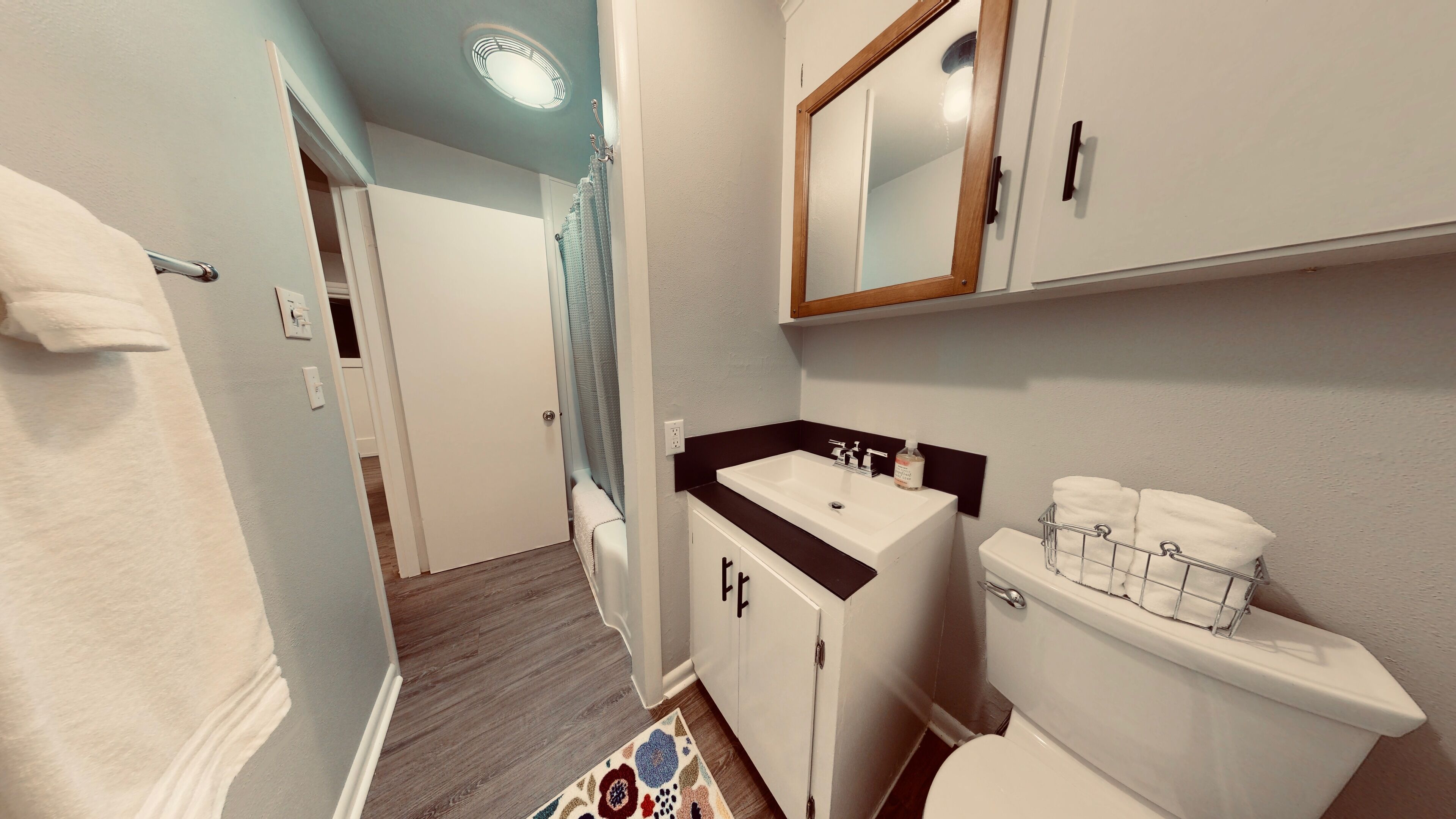 Hair dryer, towels, soap, shampoo