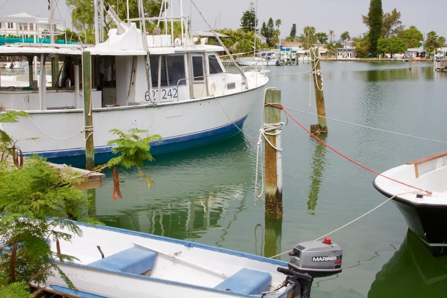 A marina with boats docked, including a white boat with the number 62242.
