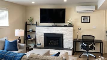 Smart TV, fireplace, books