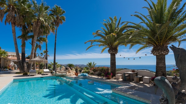 A pool area with clear blue water, surrounded by palm trees and a view of the ocean.