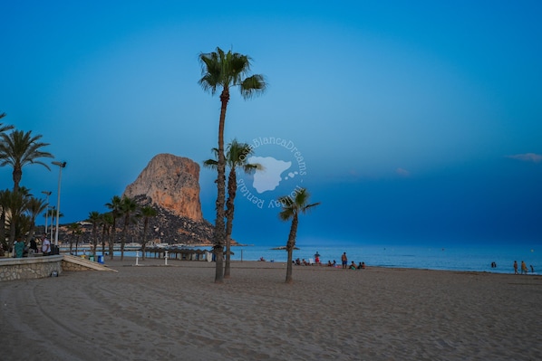 A beach with palm trees, a rocky outcrop, and the sea.