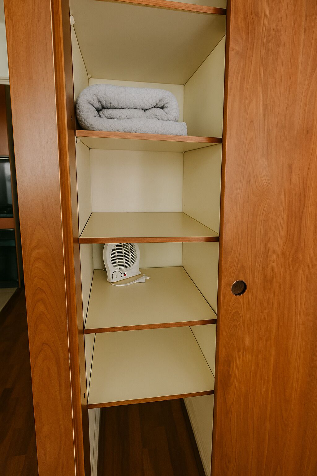 Un armario de madera con tres estantes, uno de ellos con una toalla gris doblada encima.