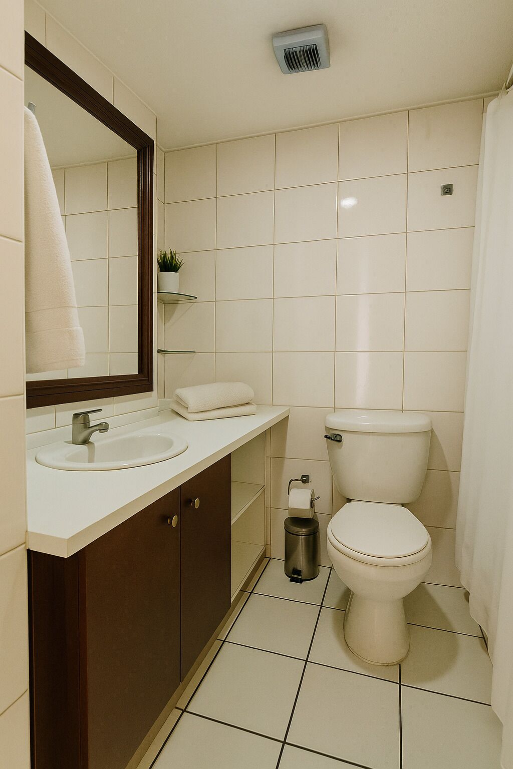 A bathroom with a white sink, mirror, and toilet. There is a small trash can and a plant on the countertop.