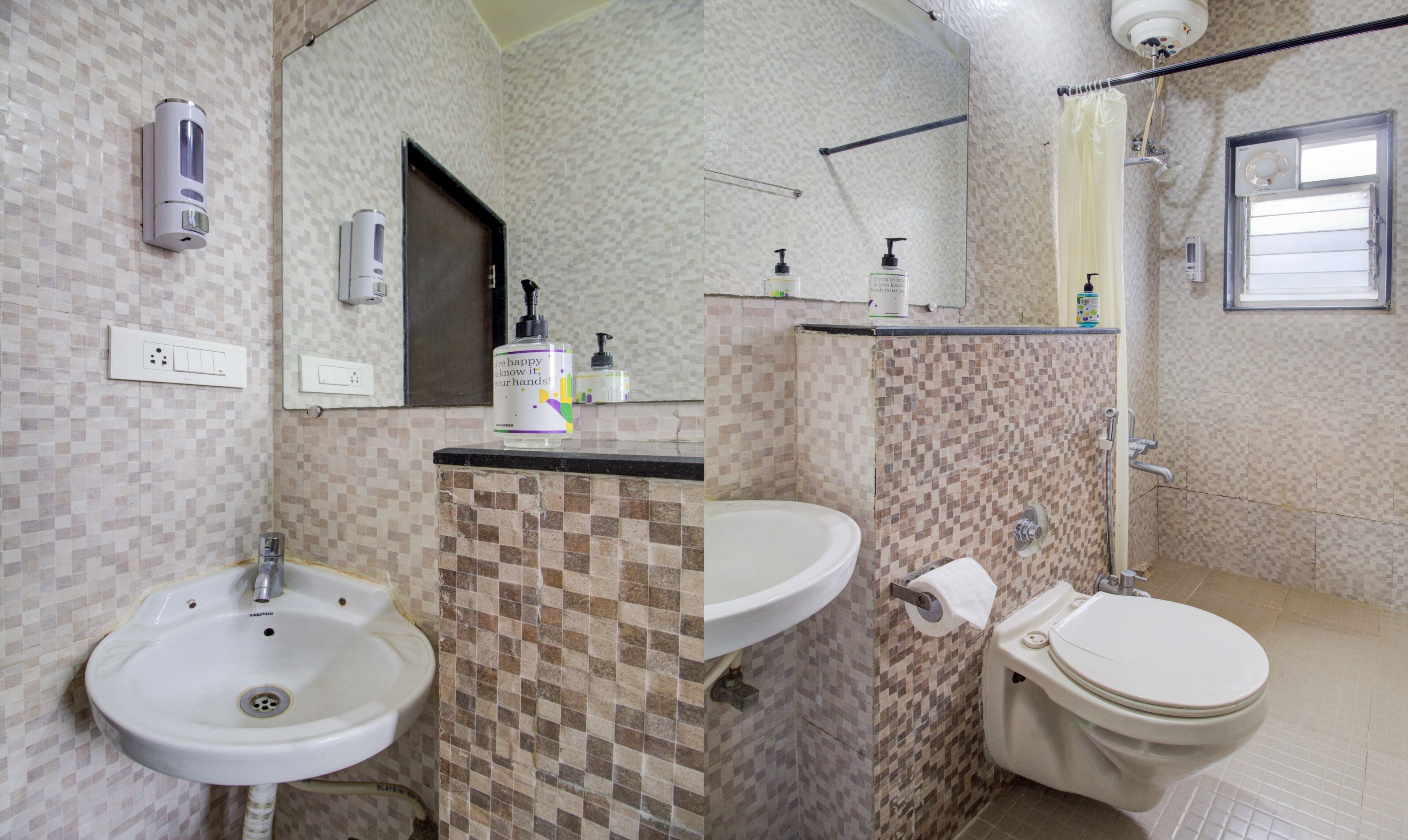 A bathroom with two sinks, a toilet, a shower, and a mirror.