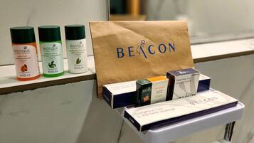 A shelf with various Biotique products, including a bag labeled 'BEACON'.