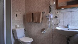 A bathroom with a toilet, two towels hanging on a rack, a hairdryer, and a sink. - Hotel Victor  (Prague)