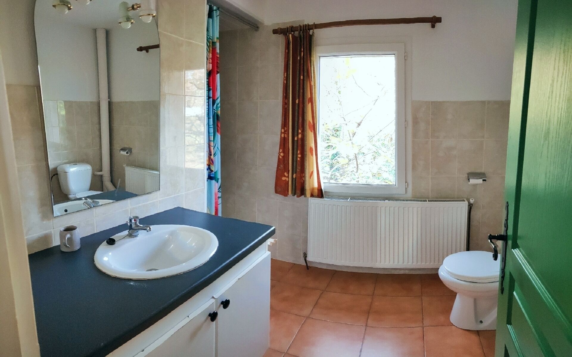 Ein Badezimmer mit weißem Waschbecken, einem Spiegel, einer Toilette und einem Fenster mit Vorhang.
