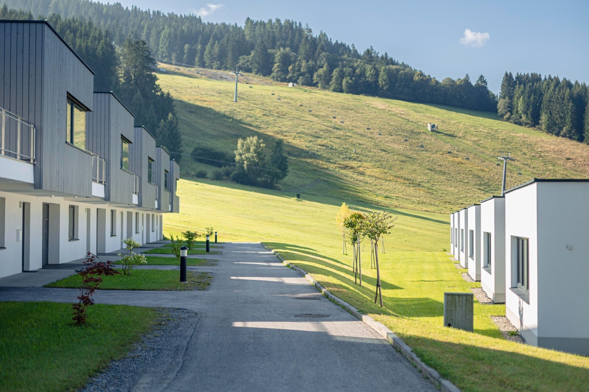 Eine Reihe moderner, eingeschossiger Gebäude mit einer gepflasterten Auffahrt, die zu einer Rasenfläche führt.