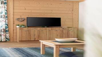 A living room with a wooden wall, a flat-screen TV mounted above a wooden cabinet, a small table with a bowl, and a patterned rug.