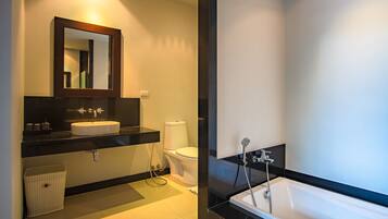 Hair dryer, towels, soap, shampoo