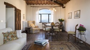A cozy living room with a fireplace, a dining area with a table and chairs, and a view through a large window.