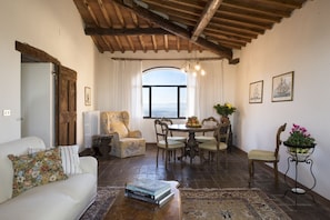 A cozy living room with a fireplace, a dining area with a table and chairs, and a view through a large window.