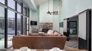 TV, fireplace, books, offices