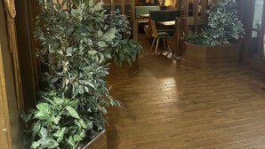 Restaurante com piso de madeira, assentos estofados verdes e plantas em vasos.