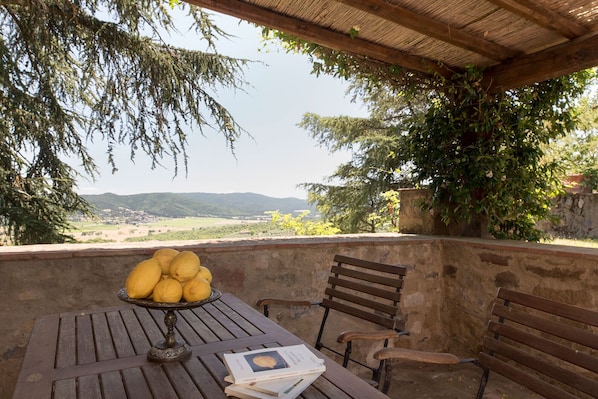 A wooden table with a plate of lemons, two wooden chairs, and a book.