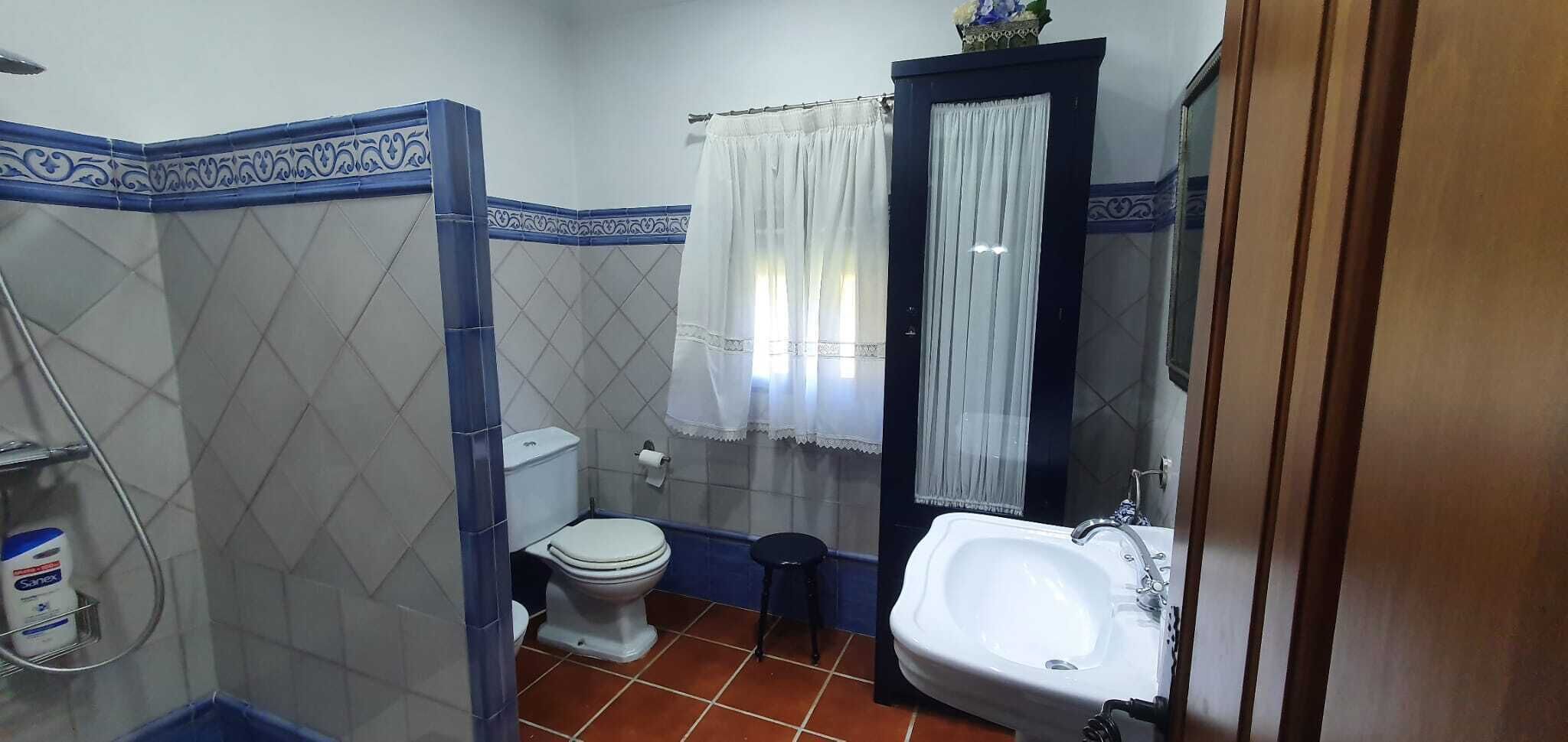 A bathroom with a toilet, bidet, sink, and shower area.