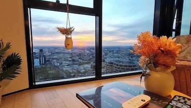 A room with a large window, a vase with flowers, a remote control, and a plant on the windowsill.