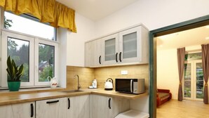 A modern kitchen with wooden cabinets, a sink, a kettle, and a microwave. - Přehrada Souš by Interhome (Desná v Jizerských horách)