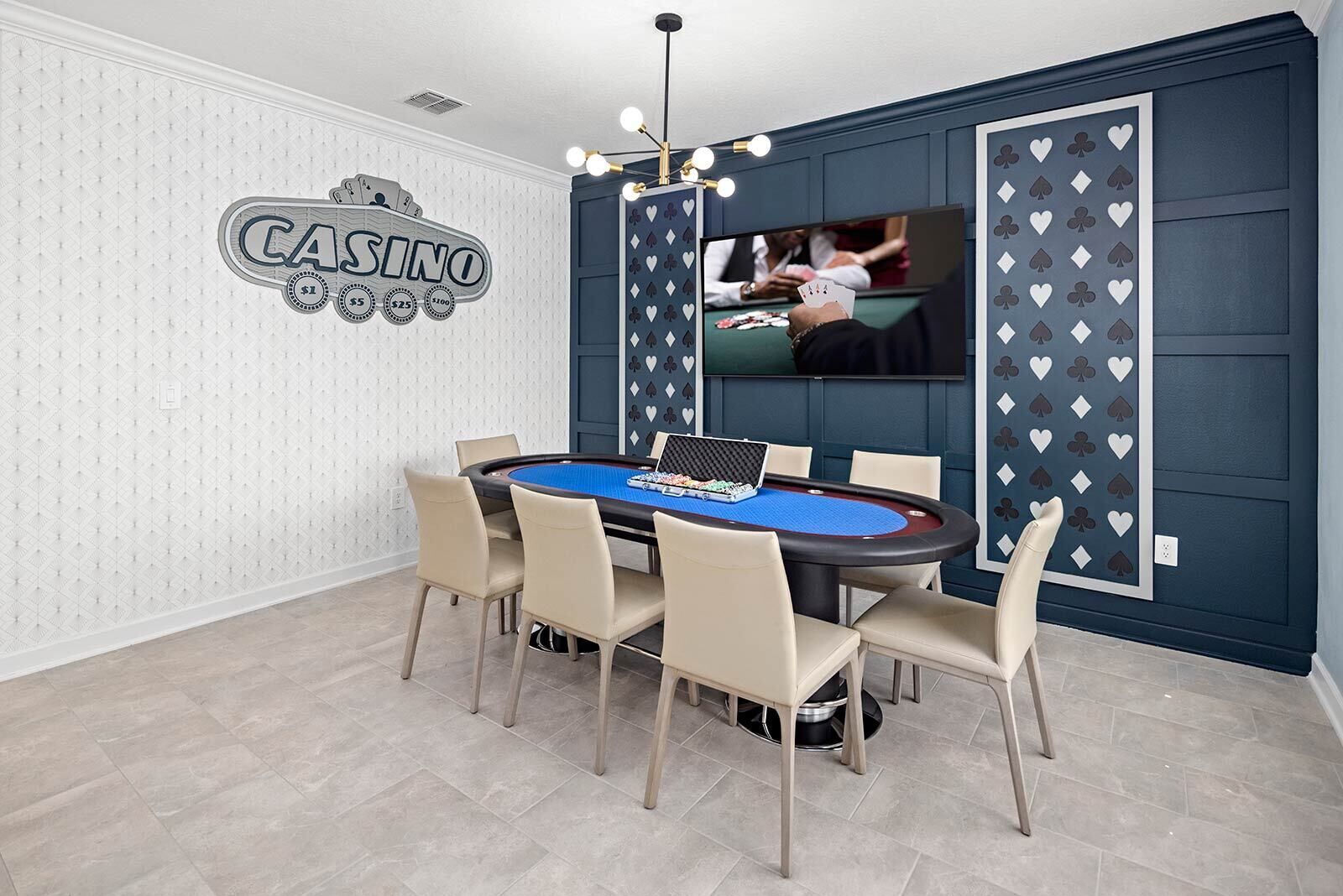 Una habitación con temática de casino que incluye una mesa de póker, sillas, una pantalla de televisión y un cartel en la pared que dice 