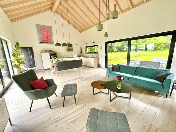 Smart TV, fireplace, table football, books