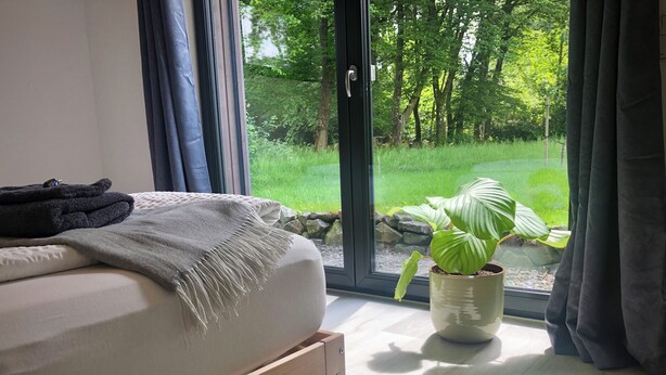 A bedroom with a bed, a window, and a potted plant. - Wäller Haus - Design home with fireplace & private fenced garden (Breitscheid)