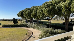 A well-maintained golf course with neatly trimmed grass, a curved pathway, and mature trees.