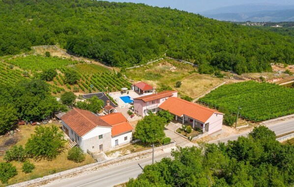 Eine Villa mit Schwimmbad, umgeben von üppiger Vegetation und Weinbergen.
