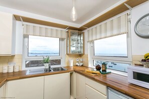 Fridge, microwave, oven, cookware/dishes/utensils