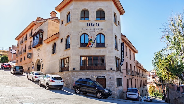 A building with the sign "DWO RIOJA WINE HOTEL" indicating it is a hotel.