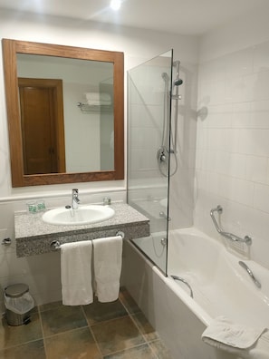 Hair dryer, bidet, towels, soap