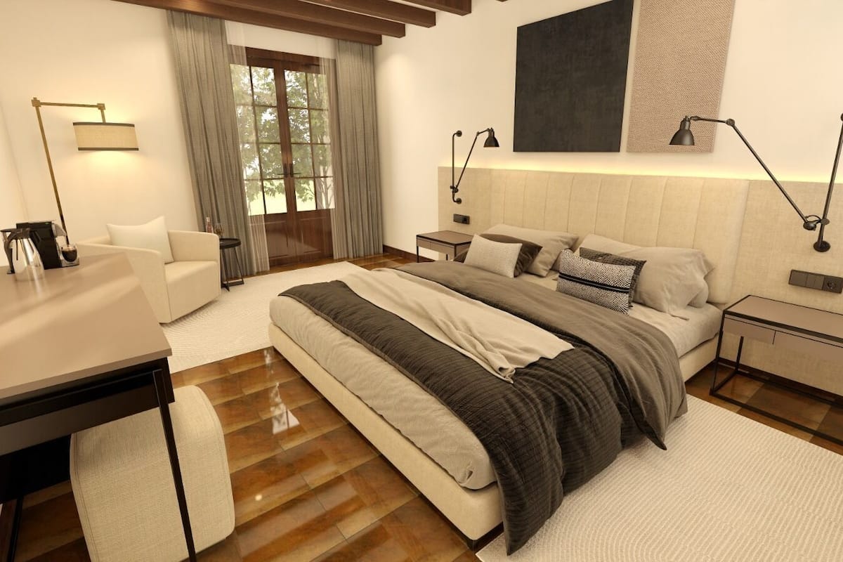 Een moderne slaapkamer met een groot bed, nachtkastjes, een bureau en een raam met gordijnen.