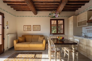 A cozy living room with a sofa, a dining table with chairs, a hanging light fixture, and a window with a view of greenery.