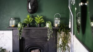 Une cheminée agrémentée de plantes en pot et de lanternes, le tout sur un mur vert.