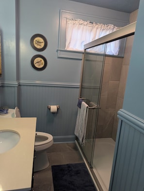 Shower, hair dryer, towels, soap