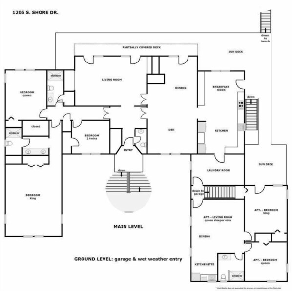 A floor plan of a house with a main level and ground level, including bedrooms, a living room, dining area, kitchen, and a partially covered deck. - Sandy Toes - Enormous 5BR Oceanfront Home with Apartment (Surf City)