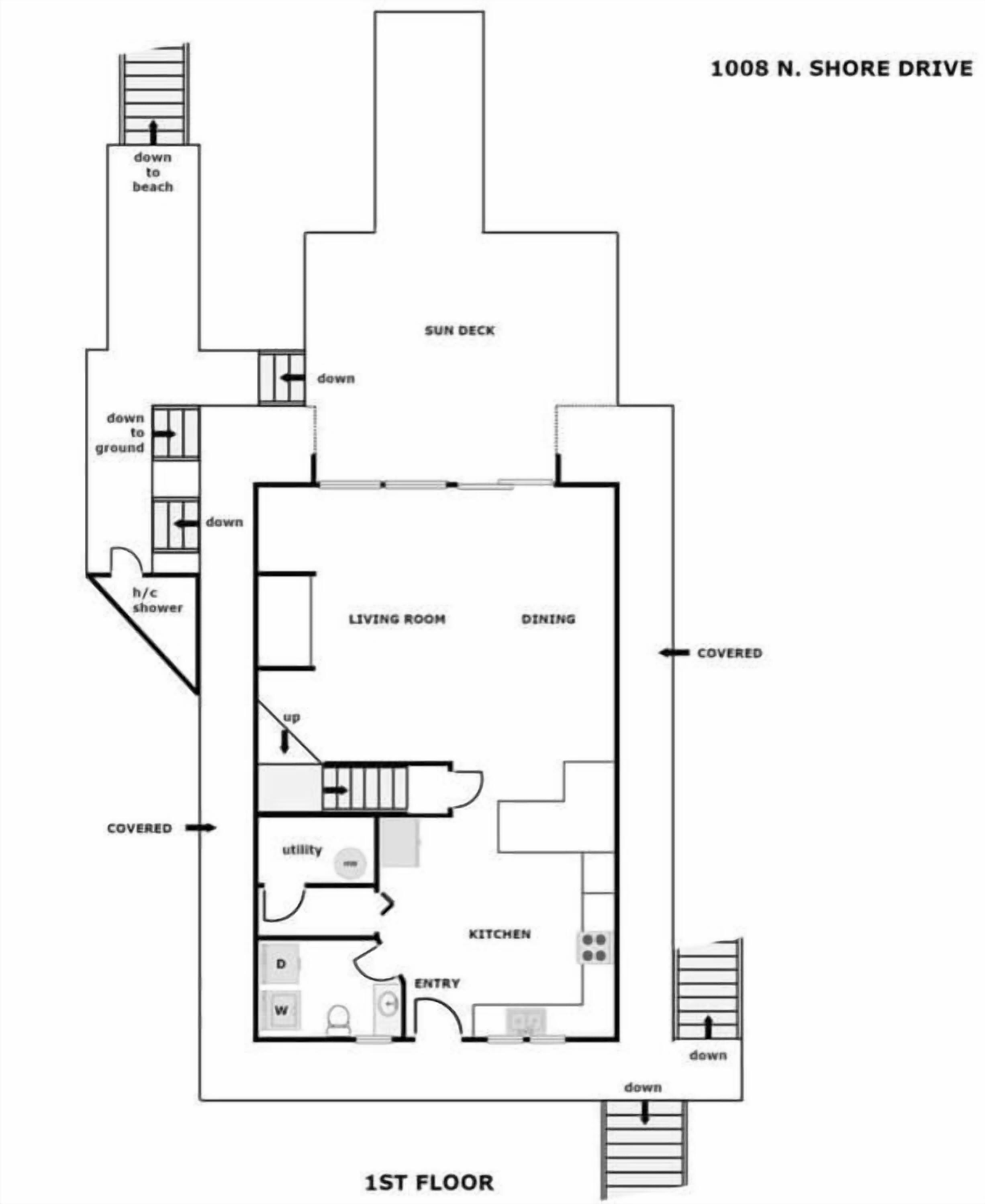 A floor plan of a 1st floor apartment at 1008 N. Shore Drive, including a living room, dining area, kitchen, and utility room.