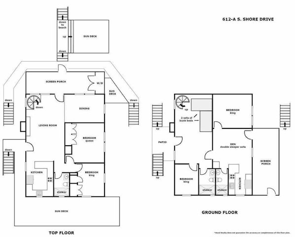 Plano de planta de una casa de 5 habitaciones con terraza solárium, porche con mosquiteras y una habitación en la planta baja con sofá cama doble.